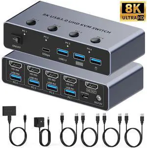 HDMI KVM Switch 4 Computers 1 Monitor, 8K@60Hz HDMI KVM Switcher Share Keyboard, Mouse for Office with 3 USB 3.0+1 USB-C Ports, EDID/HDCP Adaptive, 4 USB Cables and Desktop Controller Included HDMI KVM Switch 4 Computers 1 Monitor, 8K@60Hz HDMI KVM Switcher Share Keyboard, Mouse for Office with 3 USB 3.0+1 USB-C Ports, EDID/HDCP Adaptive, 4 USB Cables and Desktop Controller Included