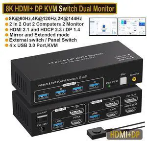 Dual Monitor DP + HDMI KVM Switch, 2 Port DisplayPort and HDMI 8K@60HZ 4K@120Hz KVM Switcher for 2 Computers 2 Monitors with 4 Ports USB 3.0, Support Copy and Extended Display and Desktop Control Dual Monitor DP + HDMI KVM Switch, 2 Port DisplayPort and HDMI 8K@60HZ 4K@120Hz KVM Switcher for 2 Computers 2 Monitors with 4 Ports USB 3.0, Support Copy and Extended Display and Desktop Control
