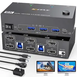 WRIARICH 8K@60Hz HDMI KVM Switch 2 PC 2 Monitors, Dual Monitor HDMI USB 3.0 KVM Switch Simulation EDID, with 4 USB 3.0 HUB for Keyboard, Mouse, Wired Remote, 12V Power Adapter and USB Cable Included WRIARICH 8K@60Hz HDMI KVM Switch 2 PC 2 Monitors, Dual Monitor HDMI USB 3.0 KVM Switch Simulation EDID, with 4 USB 3.0 HUB for Keyboard, Mouse, Wired Remote, 12V Power Adapter and USB Cable Included