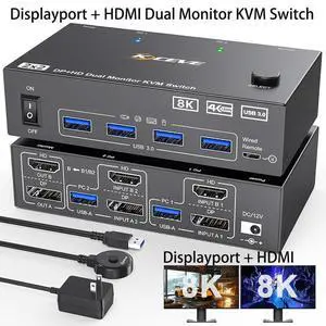WRIARICH 8K@60Hz/4K@144Hz Dual Monitor HDMI DP KVM Switch, Displayport + HDMI Dual Monitor KVM Switch for 2 Computers Share 2 Monitors 4 USB 3.0 Devices, Includes Remote Control & 12V Power Adapter WRIARICH 8K@60Hz/4K@144Hz Dual Monitor HDMI DP KVM Switch, Displayport + HDMI Dual Monitor KVM Switch for 2 Computers Share 2 Monitors 4 USB 3.0 Devices, Includes Remote Control & 12V Power Adapter