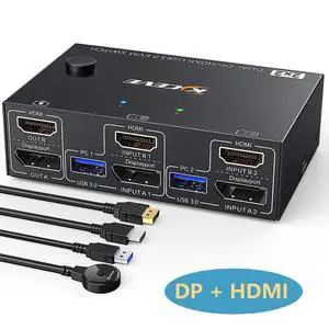 Dual Monitor KVM Switch HDMI+Displayport 2 in 2 Out 4K@60Hz, 2K@120Hz, USB 3.0 2 Port DP + HDMI KVM Switch for 2 Computer Share 2 Monitors and 4 USB 3.0 Devices, Wired Remote and 4 Cables Included Dual Monitor KVM Switch HDMI+Displayport 2 in 2 Out 4K@60Hz, 2K@120Hz, USB 3.0 2 Port DP + HDMI KVM Switch for 2 Computer Share 2 Monitors and 4 USB 3.0 Devices, Wired Remote and 4 Cables Included