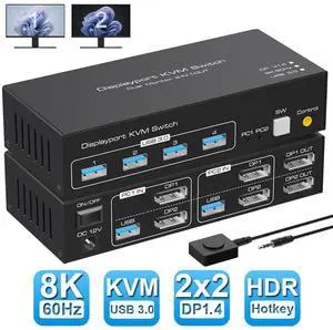 WRIARICH 8K@60Hz 2 Port Dual Monitor Displayport KVM Switch, USB 3.0 DP 1.4 KVM switches for 2 Computers Share 2 monitors and 4 USB Devices Support 4K@120Hz DP 1.4 with External kit and Power adapter WRIARICH 8K@60Hz 2 Port Dual Monitor Displayport KVM Switch, USB 3.0 DP 1.4 KVM switches for 2 Computers Share 2 monitors and 4 USB Devices Support 4K@120Hz DP 1.4 with External kit and Power adapter