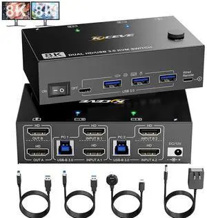 WRIARICH HDMI KVM Switch 2 Monitors 2 Computers Dual Monitor Support 8K@60Hz 4K@120Hz, Dual Monitor USB 3.0 KVM Switch HDMI 2 Port and 4 USB3.0 Devices,Wired Remote and 12V Power Adapter Included WRIARICH HDMI KVM Switch 2 Monitors 2 Computers Dual Monitor Support 8K@60Hz 4K@120Hz, Dual Monitor USB 3.0 KVM Switch HDMI 2 Port and 4 USB3.0 Devices,Wired Remote and 12V Power Adapter Included