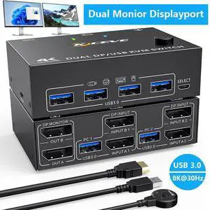Dual Monitor KVM Switch, USB 3.0 Displayport KVM Switch 2 Monitors 2 Computers 8K@30Hz 4K@144Hz, Displayport KVM Switch with 4 USB 3.0 Ports for USB Devices,Wired Remote and USB Cables Included Dual Monitor KVM Switch, USB 3.0 Displayport KVM Switch 2 Monitors 2 Computers 8K@30Hz 4K@144Hz, Displayport KVM Switch with 4 USB 3.0 Ports for USB Devices,Wired Remote and USB Cables Included