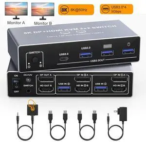 8K Dual Monitor KVM Switch, DisplayPort HDMI KVM Switch 2 Monitors 2 Computers, 4 USB 3.0 Ports, Aluminum DP HDMI KVM for 2 PCs Share 2 Screens, with 12V Power Adapter, Wired Remote, USB Cables 8K Dual Monitor KVM Switch, DisplayPort HDMI KVM Switch 2 Monitors 2 Computers, 4 USB 3.0 Ports, Aluminum DP HDMI KVM for 2 PCs Share 2 Screens, with 12V Power Adapter, Wired Remote, USB Cables