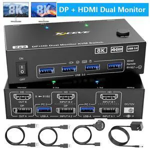 KVM Switch for 2 PC 2 Monitors 8K@60Hz 4K @120Hz DisplayPort + HDMI Dual Monitor KVM Switch for 2 PC Share 2 Monitors and 4 USB 3.0 Devices, Wired Remote Control, 12V Power Supply & USB Cables KVM Switch for 2 PC 2 Monitors 8K@60Hz 4K @120Hz DisplayPort + HDMI Dual Monitor KVM Switch for 2 PC Share 2 Monitors and 4 USB 3.0 Devices, Wired Remote Control, 12V Power Supply & USB Cables