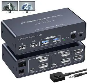 2 Port Dual Monitor DisplayPort KVM Switch 2 in 2 Out, 8K60Hz 4K120Hz Displayport KVM Switch for 2 Monitors 2 Computers Shared 4 USB Device Support DP1.4 With USB3.0 to USB C Cable - Aluminium 2 Port Dual Monitor DisplayPort KVM Switch 2 in 2 Out, 8K60Hz 4K120Hz Displayport KVM Switch for 2 Monitors 2 Computers Shared 4 USB Device Support DP1.4 With USB3.0 to USB C Cable - Aluminium