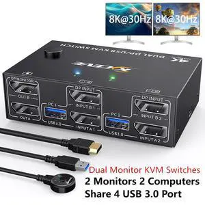 Displayport KVM Switch 2 Monitors 2 Computers 8K@30Hz 4K@144Hz, USB 3.0 Dual Monitor KVM Switches Displayport 1.4 2 in 2 Out with 4 USB 3.0 Port for USB Device,Wired Remote and 4 Cable Included Displayport KVM Switch 2 Monitors 2 Computers 8K@30Hz 4K@144Hz, USB 3.0 Dual Monitor KVM Switches Displayport 1.4 2 in 2 Out with 4 USB 3.0 Port for USB Device,Wired Remote and 4 Cable Included