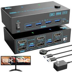 8K Displayport 1.4 + HDMI 2.1 Dual Monitor KVM Switch 2 Monitors 2 Computers, 2 in 2 Out 2 Ports HDMI + DP KVM Switches Support 8K@60Hz/4K@144Hz for 2 PCs Share 2 Screens and 4 USB 3.0 Devices 8K Displayport 1.4 + HDMI 2.1 Dual Monitor KVM Switch 2 Monitors 2 Computers, 2 in 2 Out 2 Ports HDMI + DP KVM Switches Support 8K@60Hz/4K@144Hz for 2 PCs Share 2 Screens and 4 USB 3.0 Devices
