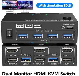 Dual HDMI KVM Switch 2 Monitors 2 Computers 4K@60Hz 2K@144Hz, EDID Simulation, Dual Monitor KVM Switch with 4 USB 3.0 Port for Keyboard Mouse, 2 Monitors HDMI2.1 KVM Switches with Wired Remote Dual HDMI KVM Switch 2 Monitors 2 Computers 4K@60Hz 2K@144Hz, EDID Simulation, Dual Monitor KVM Switch with 4 USB 3.0 Port for Keyboard Mouse, 2 Monitors HDMI2.1 KVM Switches with Wired Remote