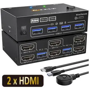 HDMI KVM Switch 2 Computer 2 Monitors, HDMI USB 3.0 KVM Switch Dual Monitors with EDID Function, Supports 4K @60Hz for 2 Computers Share 2 Monitors and 4 USB 3.0 Ports,Wired Remote and Cables Included HDMI KVM Switch 2 Computer 2 Monitors, HDMI USB 3.0 KVM Switch Dual Monitors with EDID Function, Supports 4K @60Hz for 2 Computers Share 2 Monitors and 4 USB 3.0 Ports,Wired Remote and Cables Included