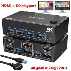 HDMI + Displayport KVM Switch 2 Computer 2 Monitors, Dual Monitors HDMI DP KVM Switcher Supports 4K@60Hz for 2 Computers Share Keyboard, Mouse and 2 Monitors, with USB 3.0 Cables & Wired Remote HDMI + Displayport KVM Switch 2 Computer 2 Monitors, Dual Monitors HDMI DP KVM Switcher Supports 4K@60Hz for 2 Computers Share Keyboard, Mouse and 2 Monitors, with USB 3.0 Cables & Wired Remote