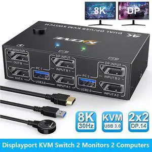 2 Port Displayport KVM Switch for 2 Monitors 2 Computers 8K@30Hz 4K@144Hz, USB 3.0 Dual Monitor KVM Switches Displayport 1.4 with 4 USB 3.0 Port for USB Device,Wired Remote and 4 Cable Included 2 Port Displayport KVM Switch for 2 Monitors 2 Computers 8K@30Hz 4K@144Hz, USB 3.0 Dual Monitor KVM Switches Displayport 1.4 with 4 USB 3.0 Port for USB Device,Wired Remote and 4 Cable Included