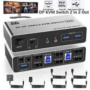 WRIARICH USB 3.0 DisplayPort KVM Switch 2 Monitors 2 Computers, Dual Monitor 8K@60Hz DP KVM Switch 2 in 2 Out with Audio Microphone Output and 3 USB 3.0 Ports, 2 PC 2 Monitors Keyboard Mouse Switcher WRIARICH USB 3.0 DisplayPort KVM Switch 2 Monitors 2 Computers, Dual Monitor 8K@60Hz DP KVM Switch 2 in 2 Out with Audio Microphone Output and 3 USB 3.0 Ports, 2 PC 2 Monitors Keyboard Mouse Switcher