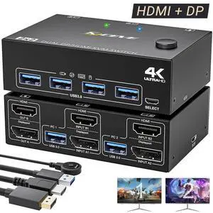 WRIARICH USB 3.0 KVM Switch 2 Monitors 2 Computers, Dual Monitor HDMI + Displayport KVM Switch, Dual Monitor KVM Switch with 4 USB 3.0 ports for 2 PCs Share Mouse and Keyboard, with HDMI+DP+USB Cable WRIARICH USB 3.0 KVM Switch 2 Monitors 2 Computers, Dual Monitor HDMI + Displayport KVM Switch, Dual Monitor KVM Switch with 4 USB 3.0 ports for 2 PCs Share Mouse and Keyboard, with HDMI+DP+USB Cable