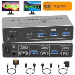 HDMI + Displayport KVM Switch 2 Monitors 2 Computers, 8K@60Hz Dual Monitor KVM Switches with 4 USB3.0 Ports for Sharing Keyboard Mouse Hard Drives with 2 USB Cables, Controller & Power Adapter HDMI + Displayport KVM Switch 2 Monitors 2 Computers, 8K@60Hz Dual Monitor KVM Switches with 4 USB3.0 Ports for Sharing Keyboard Mouse Hard Drives with 2 USB Cables, Controller & Power Adapter