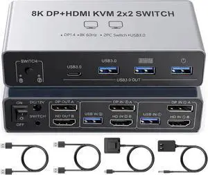 Dual Monitor 8K KVM Switch 2 Monitors 2 Desktop PCs, HDMI + Displayport KVM Switcher 4K@144Hz HDMI 2.1 + DP1.4 2 Port KVM Switch for 2 PCs Sharing Keyboard Mouse & 4 USB 3.0 Ports, Wired Switch Dual Monitor 8K KVM Switch 2 Monitors 2 Desktop PCs, HDMI + Displayport KVM Switcher 4K@144Hz HDMI 2.1 + DP1.4 2 Port KVM Switch for 2 PCs Sharing Keyboard Mouse & 4 USB 3.0 Ports, Wired Switch