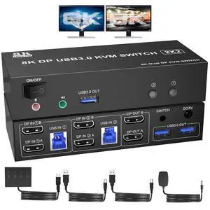 Displayport USB 3.0 KVM Switch 2 Monitors 2 Computers 8K@60Hz 4K@144Hz, Dual Monitor Displayport1.4 KVM Switches with Audio Microphone Output and 3 USB 3.0 Ports, DP Switch for 2 PCs 2 Monitors Displayport USB 3.0 KVM Switch 2 Monitors 2 Computers 8K@60Hz 4K@144Hz, Dual Monitor Displayport1.4 KVM Switches with Audio Microphone Output and 3 USB 3.0 Ports, DP Switch for 2 PCs 2 Monitors