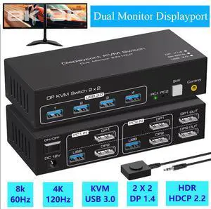 8K@60Hz Displayport KVM Switch 2 Monitors 2 Computers, USB 3.0 DP KVM switches for 2 computers share Dual monitors and 4 USB devices Support 4K@120Hz DP 1.4 with External Kit and 12V DC adapter 8K@60Hz Displayport KVM Switch 2 Monitors 2 Computers, USB 3.0 DP KVM switches for 2 computers share Dual monitors and 4 USB devices Support 4K@120Hz DP 1.4 with External Kit and 12V DC adapter