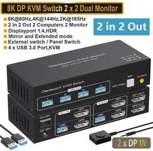 2 Port DisplayPort KVM Switch Dual Monitor Support 8K @60Hz 4K @120Hz, USB 3.0 DP KVM Switches 2 in 2 Out for 2 Computers share 2 Monitors and 4 USB devices with External Kit and Power Adapter 2 Port DisplayPort KVM Switch Dual Monitor Support 8K @60Hz 4K @120Hz, USB 3.0 DP KVM Switches 2 in 2 Out for 2 Computers share 2 Monitors and 4 USB devices with External Kit and Power Adapter