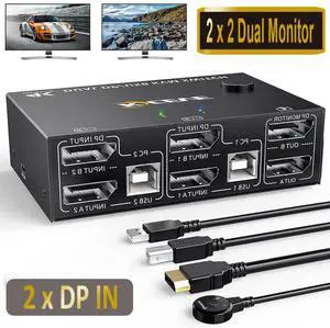 Dual Monitor DisplayPort KVM Switch 8K@30Hz 4K@144Hz, USB DP KVM Switch for 2 PC 2 Monitors Supports DP1.4 Extended display, with 4 USB 2.0 ports for 2 PCs, with DP+USB cables and desktop controller Dual Monitor DisplayPort KVM Switch 8K@30Hz 4K@144Hz, USB DP KVM Switch for 2 PC 2 Monitors Supports DP1.4 Extended display, with 4 USB 2.0 ports for 2 PCs, with DP+USB cables and desktop controller
