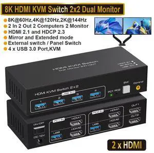 8K@60Hz KVM Switch HDMI 2 in 2 Out, HDMI KVM Switch for 2 Computers Share 2 Monitors and 4 USB 3.0 port, 4K@120Hz Dual Monitor HDMI USB KVM Switch, Desktop Controller and 2 USB Cable Included 8K@60Hz KVM Switch HDMI 2 in 2 Out, HDMI KVM Switch for 2 Computers Share 2 Monitors and 4 USB 3.0 port, 4K@120Hz Dual Monitor HDMI USB KVM Switch, Desktop Controller and 2 USB Cable Included