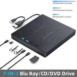 7 in 1 External Blu Ray Drive, Support 100G Disc R/W Portable Blu Ray Player with USB 3.0 Type-C, CD DVD Burner 3D Blu Ray with SD/TF Port, Blu Ray Burner Compatible with Windows Laptop Desktop 7 in 1 External Blu Ray Drive, Support 100G Disc R/W Portable Blu Ray Player with USB 3.0 Type-C, CD DVD Burner 3D Blu Ray with SD/TF Port, Blu Ray Burner Compatible with Windows Laptop Desktop
