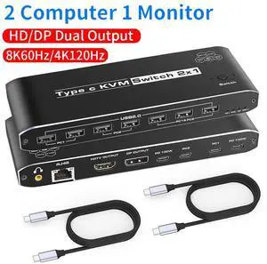 Type-C KVM Switch for 2 Laptops Share 1 Monitor, KVM Switch Docking Station with 7 USB-A Ports, 2 USB-C Charging 100W, RJ45 Port, Thunderbolt KVM Supports 4K@60Hz with HDMI and DP for Laptops Type-C KVM Switch for 2 Laptops Share 1 Monitor, KVM Switch Docking Station with 7 USB-A Ports, 2 USB-C Charging 100W, RJ45 Port, Thunderbolt KVM Supports 4K@60Hz with HDMI and DP for Laptops
