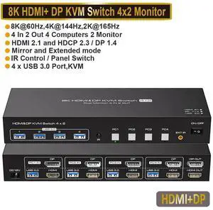 WRIARICH USB3.0 HDMI+DisplayPort KVM Switch 2 Monitors 4 Computers 8K@60Hz 4K@120Hz, Dual Monitor KVM Switch for 4 Computers Share 2 Displays and 4 USB 3.0 Ports,Wired Remote and Cables WRIARICH USB3.0 HDMI+DisplayPort KVM Switch 2 Monitors 4 Computers 8K@60Hz 4K@120Hz, Dual Monitor KVM Switch for 4 Computers Share 2 Displays and 4 USB 3.0 Ports,Wired Remote and Cables