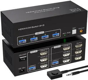 WRIARICH HDMI kvm Switch 3 Monitors 2 Computers 8K@60hz USB 3.0 kvm switches Triple Monitor for 2 PC Share 4 USB3.0 Devices with Desktop Controller USB Cables & DC 12V Adapter WRIARICH HDMI kvm Switch 3 Monitors 2 Computers 8K@60hz USB 3.0 kvm switches Triple Monitor for 2 PC Share 4 USB3.0 Devices with Desktop Controller USB Cables & DC 12V Adapter