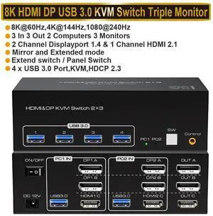 WRIARICH HDMI+2 Displayport KVM Switch 3 Monitors 2 Computers, with 4 USB 3.0 Hub, 8K@60Hz Ultra HD Resolution, Triple Monitor 2DP+HDMI KVM Switch DP1.4 HDMI2.1Via Button Switch, Plug and Play WRIARICH HDMI+2 Displayport KVM Switch 3 Monitors 2 Computers, with 4 USB 3.0 Hub, 8K@60Hz Ultra HD Resolution, Triple Monitor 2DP+HDMI KVM Switch DP1.4 HDMI2.1Via Button Switch, Plug and Play