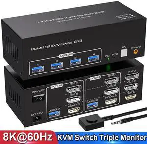 WRIARICH 4K 120Hz HDMI and 2 Displayport Exclusive KVM Switch 3 Monitors 2 Computers , with 4 USB 3.0 Hub, 8K 60Hz DP1.4 HDMI2.1 Triple Monitor DP &HDMI KVM Switch, EDID,Plug and Play WRIARICH 4K 120Hz HDMI and 2 Displayport Exclusive KVM Switch 3 Monitors 2 Computers , with 4 USB 3.0 Hub, 8K 60Hz DP1.4 HDMI2.1 Triple Monitor DP &HDMI KVM Switch, EDID,Plug and Play