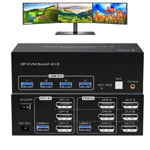 WRIARICH Displayport kvm Switch 3 Monitors 2 Computers 8K@60hz USB 3.0 DP kvm switches Triple Monitor for 2 PC Share 4 USB3.0 Devices with Desktop Controller USB Cables & DC 12V Adapter WRIARICH Displayport kvm Switch 3 Monitors 2 Computers 8K@60hz USB 3.0 DP kvm switches Triple Monitor for 2 PC Share 4 USB3.0 Devices with Desktop Controller USB Cables & DC 12V Adapter