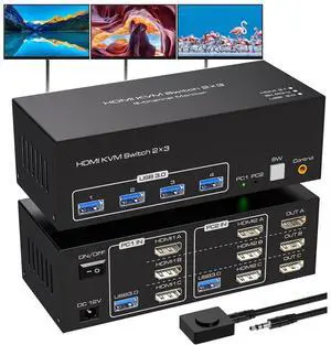 WRIARICH HDMI KVM Switch 3 Monitors 2 Computers, with 4 USB 3.0 Hub, 8K@60Hz Ultra HD Resolution, Triple Monitor KVM Switch HDMI 2.1 Via Button Switch, Plug and Play WRIARICH HDMI KVM Switch 3 Monitors 2 Computers, with 4 USB 3.0 Hub, 8K@60Hz Ultra HD Resolution, Triple Monitor KVM Switch HDMI 2.1 Via Button Switch, Plug and Play