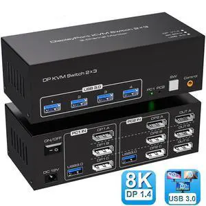 WRIARICH Displayport KVM Switch 3 Monitors 2 Computers, with 4 USB 3.0 Hub, 8K@60Hz Ultra HD Resolution, Triple Monitor DP KVM Switch DP 1.4 Via Button Switch, Plug and Play WRIARICH Displayport KVM Switch 3 Monitors 2 Computers, with 4 USB 3.0 Hub, 8K@60Hz Ultra HD Resolution, Triple Monitor DP KVM Switch DP 1.4 Via Button Switch, Plug and Play