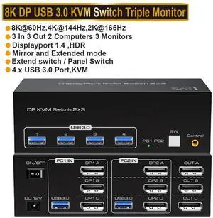 WRIARICH 4K 120Hz Displayport KVM Switch 3 Monitors 2 Computers, 3 Port DP Monitors Switcher for 2 Computers Share 3 Monitors and Keyboard Mouse with USB3.0 Port,8K@60 Resolution WRIARICH 4K 120Hz Displayport KVM Switch 3 Monitors 2 Computers, 3 Port DP Monitors Switcher for 2 Computers Share 3 Monitors and Keyboard Mouse with USB3.0 Port,8K@60 Resolution
