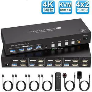 WRIARICH HDMI+HDMI USB kvm Switch 4 Computers 2 Monitors 4K@60hz USB 3.0 kvm switches Dual Monitor for 4 PC Share 2 Monitors and 4 USB3.0 Devices with Remote Control WRIARICH HDMI+HDMI USB kvm Switch 4 Computers 2 Monitors 4K@60hz USB 3.0 kvm switches Dual Monitor for 4 PC Share 2 Monitors and 4 USB3.0 Devices with Remote Control