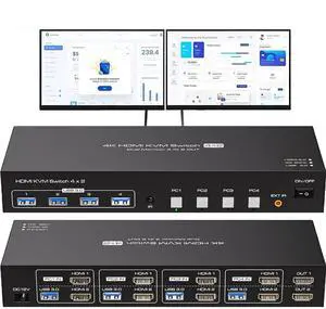 WRIARICH USB3.0 HDMI+HDMI KVM Switch 2 Monitors 4 Computers 4K@60Hz 2K@120Hz, Dual Monitor KVM Switch for 4 Computers Share 2 Displays and 4 USB 3.0 Ports,Wireless Remote and Cables WRIARICH USB3.0 HDMI+HDMI KVM Switch 2 Monitors 4 Computers 4K@60Hz 2K@120Hz, Dual Monitor KVM Switch for 4 Computers Share 2 Displays and 4 USB 3.0 Ports,Wireless Remote and Cables