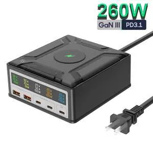WRIARICH 260W 5 Port GaN Charging Station for Multiple Devices, Desk Charger Block 5 USB Ports, 15W Wireless Charging, Charger Tower for iPhone iPad Tablets Smartphones, Home Office Use WRIARICH 260W 5 Port GaN Charging Station for Multiple Devices, Desk Charger Block 5 USB Ports, 15W Wireless Charging, Charger Tower for iPhone iPad Tablets Smartphones, Home Office Use