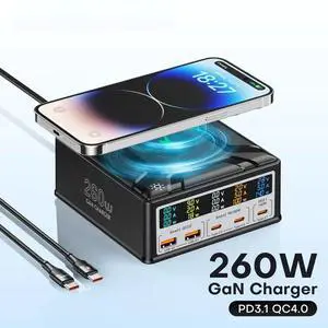 WRIARICH 260W 5 Port GaN USB C Charging Station Hub Block Charger Power Strip Adapter Plug Cube, 3C2A (A1/A2 QC3.0 18W + C1/C2 100W + C3 140W) + 15W Wireless Charging for Cell Phone, Tablet WRIARICH 260W 5 Port GaN USB C Charging Station Hub Block Charger Power Strip Adapter Plug Cube, 3C2A (A1/A2 QC3.0 18W + C1/C2 100W + C3 140W) + 15W Wireless Charging for Cell Phone, Tablet