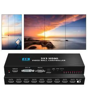 1 in 9 Out HDMI Video Wall Controller 3x3 4K HDMI Video Image Processor1 HDMI/DVI Input 9 HDMI Output, 13 Modes,1x1,1x2, 1x3, 1x4, 2x1, 2x2, 2x3, 2x4, 3x1, 3x2, 3x3, 4x1, 4x2, Support 180º Rotation 1 in 9 Out HDMI Video Wall Controller 3x3 4K HDMI Video Image Processor1 HDMI/DVI Input 9 HDMI Output, 13 Modes,1x1,1x2, 1x3, 1x4, 2x1, 2x2, 2x3, 2x4, 3x1, 3x2, 3x3, 4x1, 4x2, Support 180º Rotation