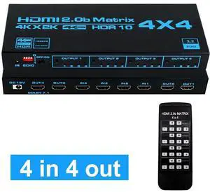 WRIARICH 4x4 HDMI Matrix Switch,4 in 4 Out Matrix HDMI Video Switcher Splitter, Support 4K HDR, HDMI 2.0b, HDCP 2.2, 3D,1080P,with IR Remote Control WRIARICH 4x4 HDMI Matrix Switch,4 in 4 Out Matrix HDMI Video Switcher Splitter, Support 4K HDR, HDMI 2.0b, HDCP 2.2, 3D,1080P,with IR Remote Control