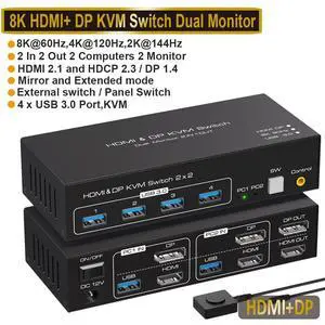 WRIARICH 4K 120Hz HDMI+DP Exclusive KVM Switch 2 Monitors 2 Computers , with 4 USB 3.0 Hub, 8K 60Hz HD2.1 DP1.4 Dual Monitor KVM Switch, EDID,Plug and Play WRIARICH 4K 120Hz HDMI+DP Exclusive KVM Switch 2 Monitors 2 Computers , with 4 USB 3.0 Hub, 8K 60Hz HD2.1 DP1.4 Dual Monitor KVM Switch, EDID,Plug and Play