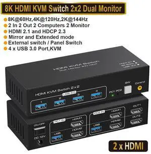 WRIARICH USB 3.0 HDMI KVM Switch 2 Monitors 2 Computers 8K@60Hz 4K@120Hz, EDID Emulator, Dual Monitor KVM Switch for 2 Computers Share 2 Displays and 4 USB 3.0 Ports,Wired Remote and Cables WRIARICH USB 3.0 HDMI KVM Switch 2 Monitors 2 Computers 8K@60Hz 4K@120Hz, EDID Emulator, Dual Monitor KVM Switch for 2 Computers Share 2 Displays and 4 USB 3.0 Ports,Wired Remote and Cables