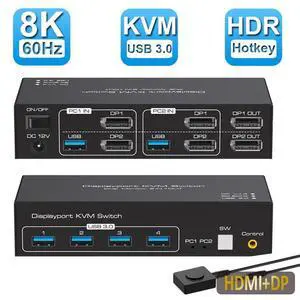 WRIARICH USB 3.0 HDMI + DP KVM Switch 2 Monitors 2 Computers 8K@60Hz 4K@120Hz, EDID Emulator, Dual Monitor KVM Switch for 2 Computers Share 2 Displays and 4 USB 3.0 Ports,Wired Remote and Cables WRIARICH USB 3.0 HDMI + DP KVM Switch 2 Monitors 2 Computers 8K@60Hz 4K@120Hz, EDID Emulator, Dual Monitor KVM Switch for 2 Computers Share 2 Displays and 4 USB 3.0 Ports,Wired Remote and Cables