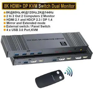 WRIARICH HDMI DP KVM Switch with Remote Control, Dual Monitor 2 Port 8K@60Hz 2 Monitors 2 Computers USB 3.0 KVM Switcher PC Extended Display for 4 USB Devices Like Mouse Keyboard Printer Gamepad WRIARICH HDMI DP KVM Switch with Remote Control, Dual Monitor 2 Port 8K@60Hz 2 Monitors 2 Computers USB 3.0 KVM Switcher PC Extended Display for 4 USB Devices Like Mouse Keyboard Printer Gamepad