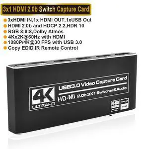 WRIARICH 3X1 4K@60Hz HDMI Video Capture Card with Mic & 3.5mm Audio HD 4K@60Hz Video 1080P 60fps Board Game Record For Live Streaming Video Recording WRIARICH 3X1 4K@60Hz HDMI Video Capture Card with Mic & 3.5mm Audio HD 4K@60Hz Video 1080P 60fps Board Game Record For Live Streaming Video Recording