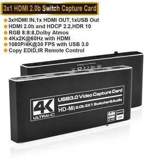 WRIARICH Portable 4K@60Hz 3X1 HDMI-compatible to HDMI & USB3.0/Type-C 4K 60fps HD Video Capture Card with Mic & 3.5mm Audio Durable Audio Converter Live Recording Box WRIARICH Portable 4K@60Hz 3X1 HDMI-compatible to HDMI & USB3.0/Type-C 4K 60fps HD Video Capture Card with Mic & 3.5mm Audio Durable Audio Converter Live Recording Box