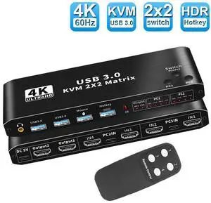 WRIARICH 4K@60Hz 2X2 HDMI Matrix KVM Switch Box, Share 2 Computers to Dual Monitor USB KVM Switcher Adapter, Support Hotkey Switch, Support Wireless Keyboard and Mouse, USB Disk, Printer, USB Camera WRIARICH 4K@60Hz 2X2 HDMI Matrix KVM Switch Box, Share 2 Computers to Dual Monitor USB KVM Switcher Adapter, Support Hotkey Switch, Support Wireless Keyboard and Mouse, USB Disk, Printer, USB Camera
