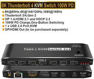 WRIARICH 2x1 USB-C KVM Switch Selector 2-Port 100W PD for 2 Computers Share Keyboard Mouse Printer and 1 HD 8K Monitor with 7 USB 2.0 Ports + 3.5mm Audio + Ethernet for Sharing Keyboard, Mouse, U Disk WRIARICH 2x1 USB-C KVM Switch Selector 2-Port 100W PD for 2 Computers Share Keyboard Mouse Printer and 1 HD 8K Monitor with 7 USB 2.0 Ports + 3.5mm Audio + Ethernet for Sharing Keyboard, Mouse, U Disk